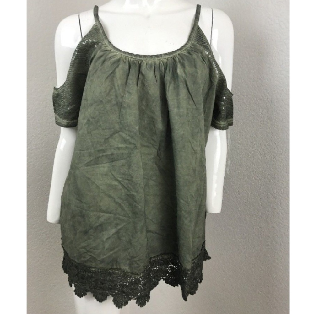 NWT MARLED SEQUIN-SHORT-SLEEVES CROCHET MOSS GREEN